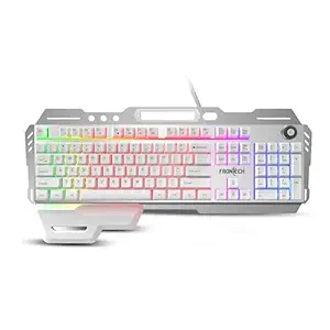 FRONTECH KB-0013P Wired Gaming Keyboard | 104 Keys with Rainbow Backlight | 19 Anti-Ghosting Keys | USB Plug & Play | 1.5m Braided Cable | White-Grey | Compatible with Windows 11/10/8/7