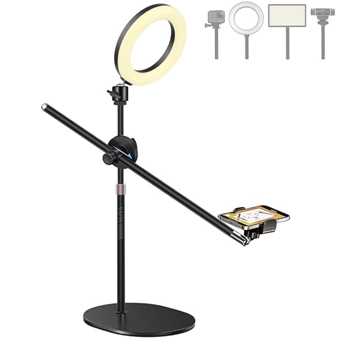 BROLAVIYA Overhead Video Floor Stand, with 6-inch Ring Light, Premium Metal Body, 1/4