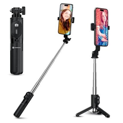 Portronics Lumistick Mini Extendable Multifunctional 3-in-1 Selfie Sticks with Wireless Detachable Bluetooth Remote & Tripod Stand,Portable Lightweight Selfie Stick for iPhone & Android Mobiles(Black)