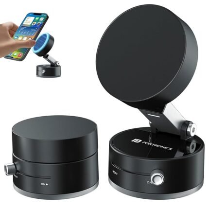 Portronics Hold X Magnetic Vacuum Suction Mobile Holder, Multiple Angle Adjustment, Retractable, Strong Magnetic Attachment, Compatible with iPhone & Android Phone for Car, Desk, Mirror, Glass(Black)