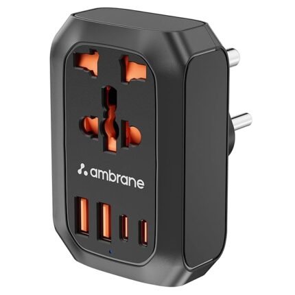 Ambrane 5-in-1 MultiPort Adapter with Universal AC Socket, 2 x Type C, 2 x USB, 2500W AC Output, 20W USB & PD Output, Ideal for Tight Spaces/Bedside & Travels, Child Safety Shutter (Charge X20, Black)