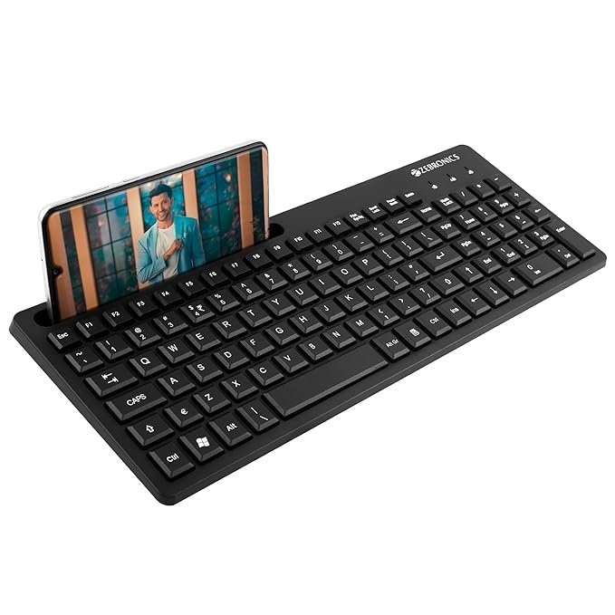 ZEBRONICS K36 Wired USB Keyboard with 106 Keys, Slim Design, Smartphone Holder, Retractable Stand, 1.2m Cable Length with ‚Rupee Key