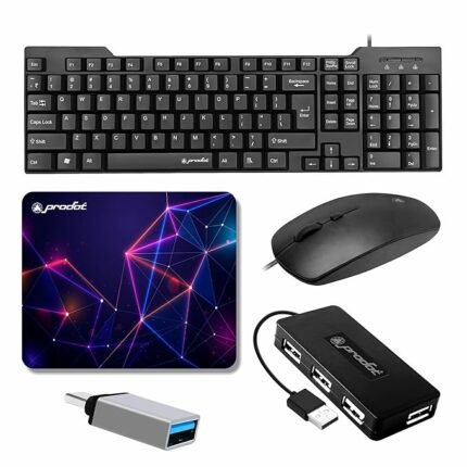 Prodot 5-in-1 Wired Combo Pack | 247s Wired Keyboard + Palm Optical Mouse with Adjustable DPI + 4 in1 Port USB Hub + USB Type-A to Type-C OTG + Anti-Slip Mouse Pad | for Laptop/Desktop