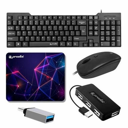 Prodot 5-in-1 Wired Combo Pack | 247s Wired Keyboard + Quad Optical Mouse with Adjustable DPI + 4 in1 Port USB Hub + USB Type-A to Type-C OTG + Anti-Slip Mouse Pad | for Laptop/Desktop